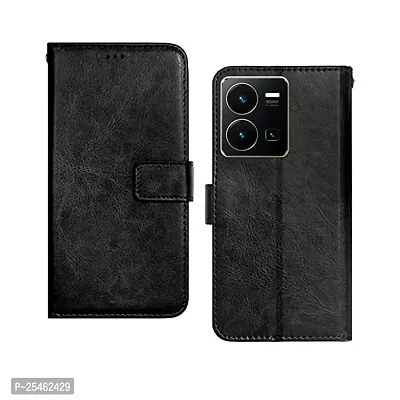 KDM Vivo Y35 Flip Cover | Leather Finish | Inside Pockets  Stand | Shockproof Wallet Style Magnetic Closure Back Cover Case for Vivo Y35 (Black)-thumb0