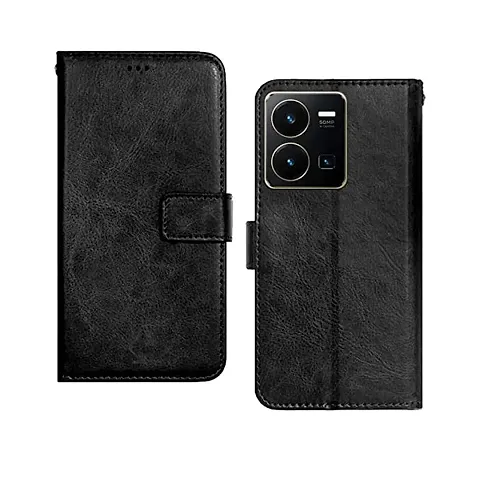 Cloudza Vivo Y35 Flip Back Cover | PU Leather Flip Cover Wallet Case with TPU Silicone Case Back Cover for Vivo Y35 Bk