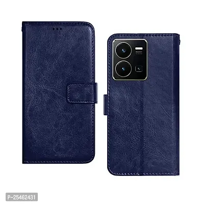 Vivo Y35 Flip Cover | Leather Finish | Inside Pockets  Stand | Shockproof Wallet Style Magnetic Closure Back Cover Case for Vivo Y35 (Blue)-thumb0