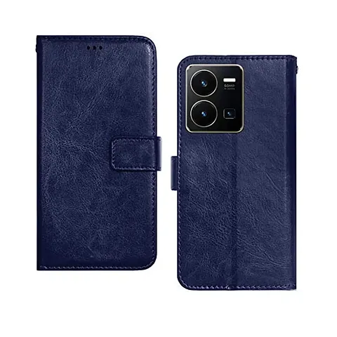 Cloudza Vivo Y35 Flip Back Cover | PU Leather Flip Cover Wallet Case with TPU Silicone Case Back Cover for Vivo Y35 Blue