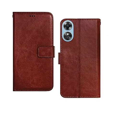 KDM Oppo A17 Leather Flip Cover | Shockproof | 360 Protection | Wallet Style Magnetic Closure Back Cover Case for Oppo A17 (Brown)