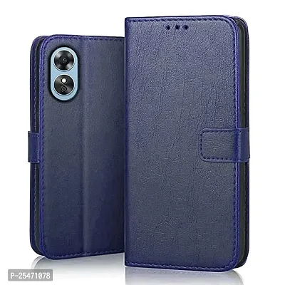 KDM Oppo A17 Leather Flip Cover | Shockproof | 360 Protection | Wallet Style Magnetic Closure Back Cover Case for Oppo A17 (Blue)-thumb0