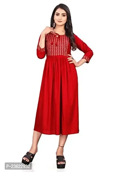 SEYONA Women's Geometric Regular Fit Rayon Printed Cut Kurta (M, Red)-thumb0