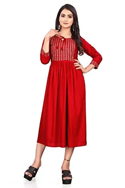 SEYONA Women's Geometric Regular Fit Rayon Cut Kurta (L, Red)