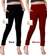 Elegant Multicoloured Cotton Lycra Solid Trousers For Women Pack Of 2-thumb1