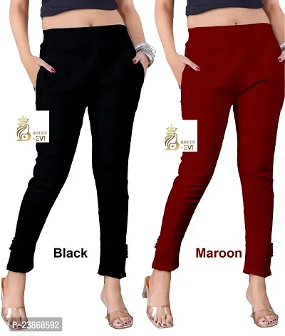 Elegant Multicoloured Cotton Lycra Solid Trousers For Women Pack Of 2-thumb2