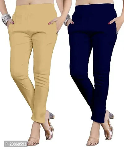 Elegant Multicoloured Cotton Lycra Solid Trousers For Women Pack Of 2-thumb2