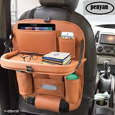 PENYAN Universal PU Leather Auto Car Seat Back Organizer with Foldable Dining Table Tray, Multipocket Storage Tablet, Bottle and Tissue Paper Holder (Brown)