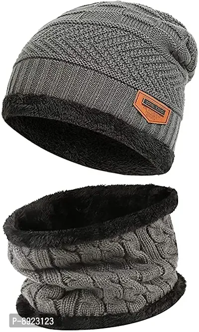 Classy Winter Woolen Unisex Fleece Beanie Cap with Neck Warmer for Unisex (Grey, Pack of 1)