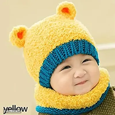Baby hat/Cap Set/Baby New Cartoon Bear Style Woolen Yarn hat Scarf Set (Yellow) (Pack Of 1)-thumb0