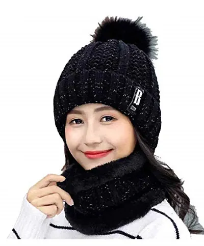 House Of Sensation Ultra Soft Woolen Beanie Cap Plus Neck Warmer Muffler Scarf Set for Women/Girl- (Inside Fur) Warm, Snow Proof Knit Hat Thick Fleece Lined Winter Hat