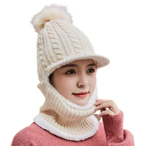 Penyantrade;Winter Beanie Monkey Cap Hood for Women | Stretchable Skull Soft Combined Scarf with Drawstring Multi Use Woolen Balaclava Neck Warmer Scarf Casual Cap Hat for Men  Women | Freesize