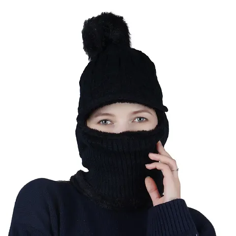 Alexvyan Black Beanie Warm Cap and Scarf Soft Snow and Air Proof Fleece Knitted Cap (Inside Fur) Woolen Beanie Winter Cap Combined Scarf for Girl Women Ladies