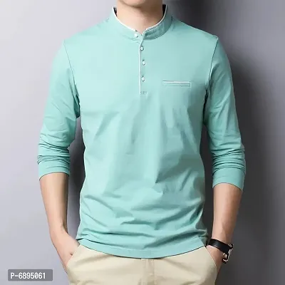 Cotton Mandarin Collar Green T-shirt For Men