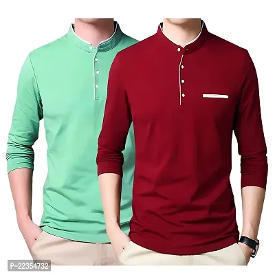 Mens Solid Mandarin Collar Full Sleeves Pack Of 2 T-Shirt-thumb0