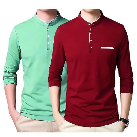 Mens Solid Mandarin Collar Full Sleeves Pack Of 2 T-Shirt