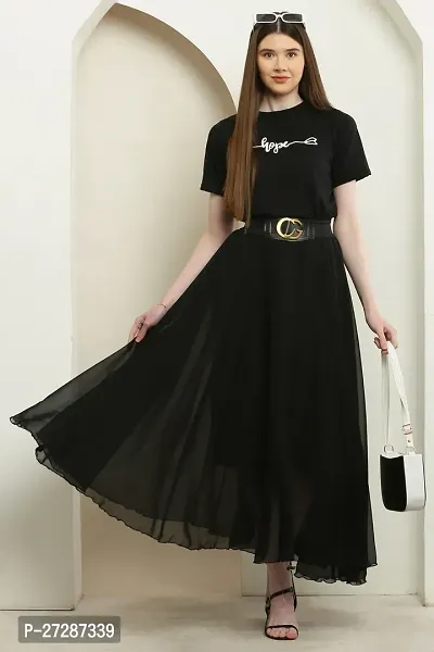 Stylish Black Crepe Self Pattern Fit And Flare Dress For Women-thumb0