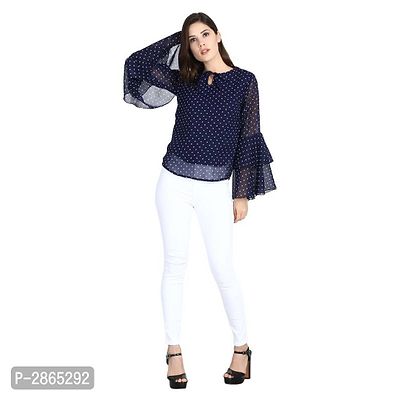 Stylish Navy Blue Polka Dot Flared Sleeve Blouse Top-thumb0