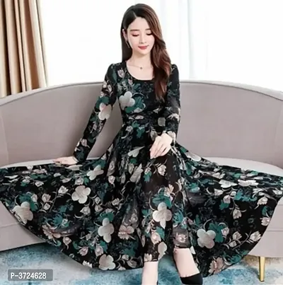 Elite Black Printed Polyester Women Dress