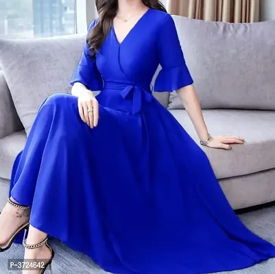 Elite Blue Solid Polyester Long Maxi Dress-thumb0