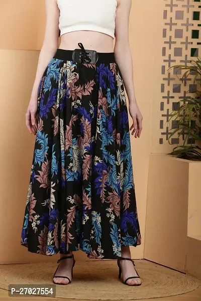 Elegant Blue Crepe Floral Print Skirts For Women