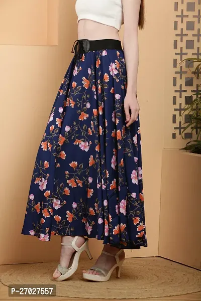 Elegant Blue Crepe Floral Print Skirts For Women-thumb3