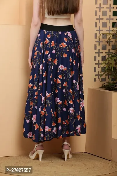 Elegant Blue Crepe Floral Print Skirts For Women-thumb2