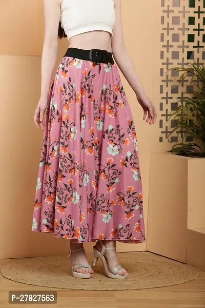 Elegant Pink Crepe Floral Print Skirts For Women-thumb3