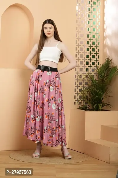 Elegant Pink Crepe Floral Print Skirts For Women-thumb4
