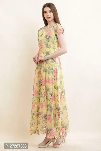 Stylish Yellow Georgette Printed Fit And Flare Dress For Women