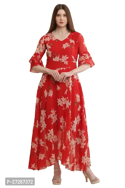 Stylish Red Georgette Printed Fit And Flare Dress For Women
