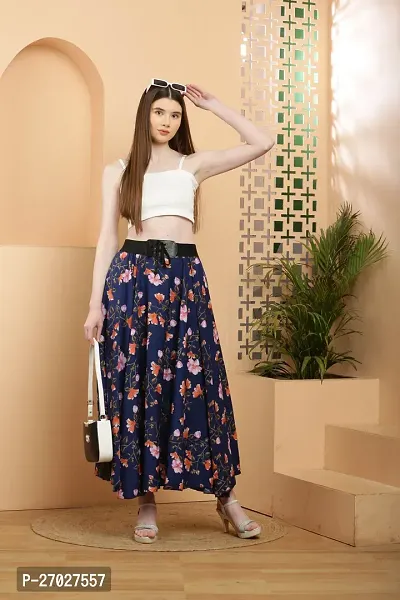 Elegant Blue Crepe Floral Print Skirts For Women-thumb5