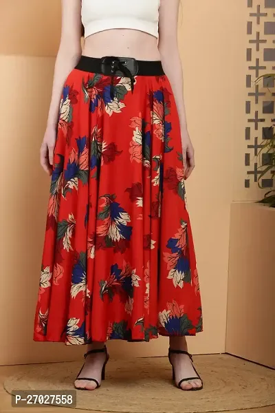 Elegant Red Crepe Floral Print Skirts For Women