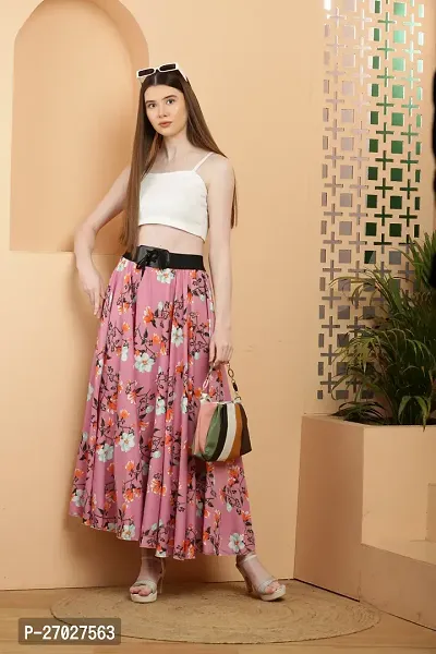 Elegant Pink Crepe Floral Print Skirts For Women-thumb5