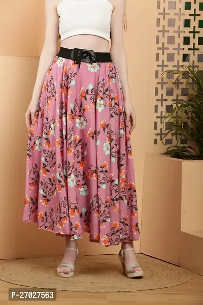 Elegant Pink Crepe Floral Print Skirts For Women-thumb0