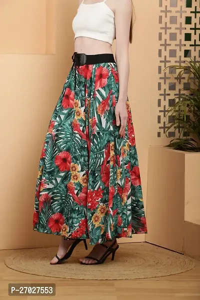 Elegant Green Crepe Floral Print Skirts For Women-thumb3