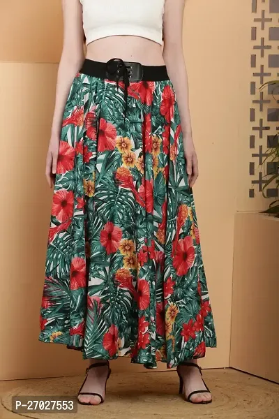 Elegant Green Crepe Floral Print Skirts For Women