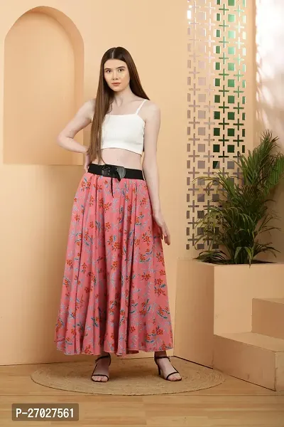 Elegant Peach Crepe Floral Print Skirts For Women-thumb5