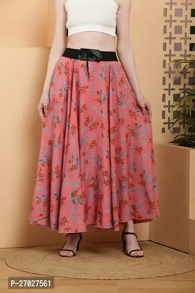 Elegant Peach Crepe Floral Print Skirts For Women-thumb0