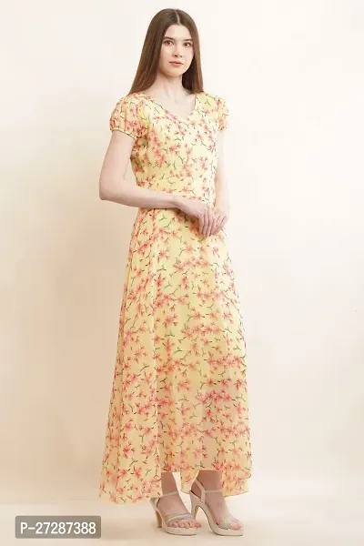 Stylish Yellow Georgette Printed Fit And Flare Dress For Women