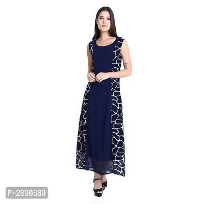 Navy Blue with White Graphic Printed A-Line Dress-thumb0