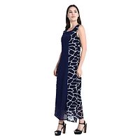 Navy Blue with White Graphic Printed A-Line Dress-thumb1