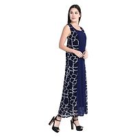 Navy Blue with White Graphic Printed A-Line Dress-thumb2
