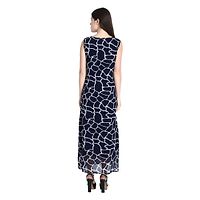 Navy Blue with White Graphic Printed A-Line Dress-thumb3