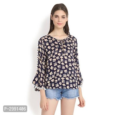 Navy Blue With Square Print & Bell Sleeve Top With Pom Pom 11055