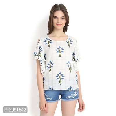 White With Blue Paisley Print  Cold Shoulder With Pom Pom