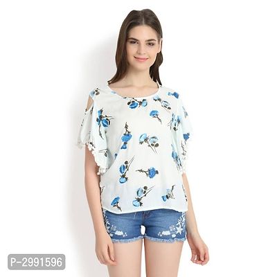 White With Blue Rose Print  Cold Shoulder With Pom Pom-thumb0