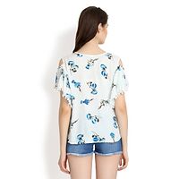 White With Blue Rose Print  Cold Shoulder With Pom Pom-thumb1