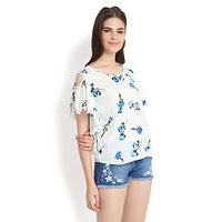 White With Blue Rose Print  Cold Shoulder With Pom Pom-thumb2