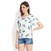 White With Blue Rose Print  Cold Shoulder With Pom Pom-thumb3